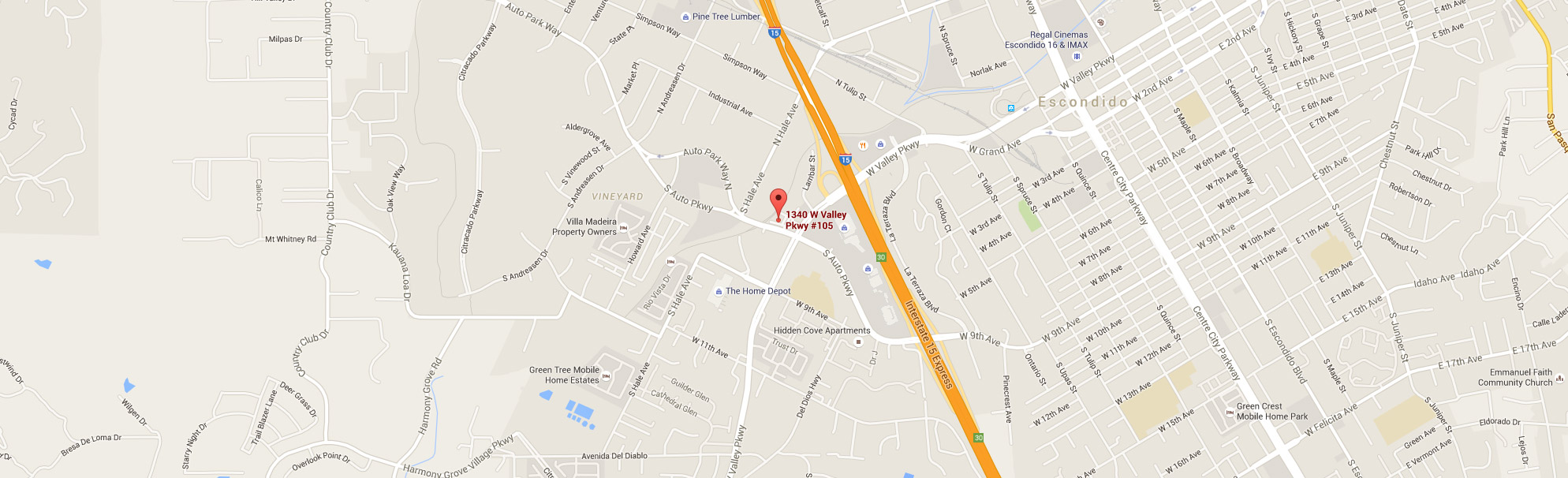 Map showing Wadia Dental Group location at 1348 W Valley Pkwy #105